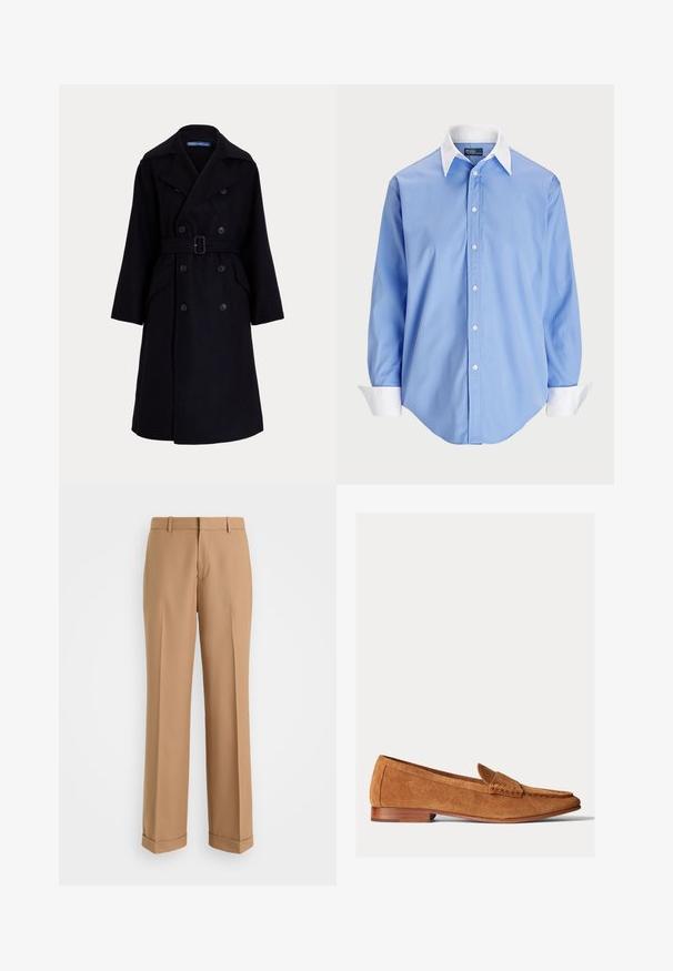 Tmavě námořnický vlněný dvouřadový trenčkot s širokými klopami, dlouhými rukávy, bočními kapsami a páskem v pase.; Svetle modrá košile na knoflíky s dlouhými rukávy a bílým kontrastním límcem. Vyznačuje se hladkou texturou a pěti předními knoflíky.; Béžové kalhoty na míru s rovnými nohavicemi, vyrobené z měkké tkaniny, s předním skladem a ohrnutými manžetami na lemu.; Polo Ralph Lauren EMBOSSED-PONY SUEDE PENNY LOAFER - Polobotky - pale russet