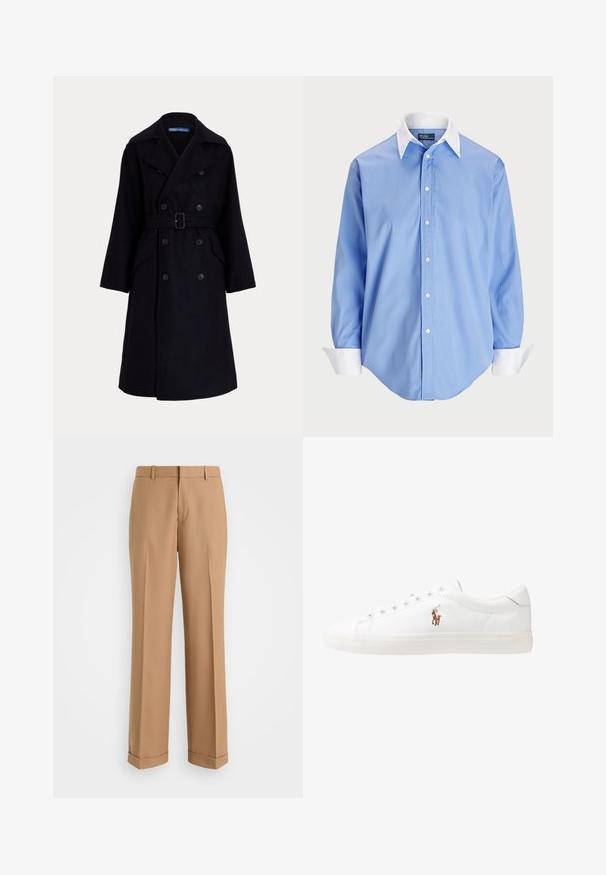 Mörk marinblå ull dubbelknäppt trenchcoat med breda slag, långa ärmar, sidofickor och ett bälte vid midjan.; Ljusblå skjorta med lång ärm och vit kontrasterande krage. Har en slät textur och fem framknappar.; Beige skräddarsydda byxor med rak passform, tillverkade av mjukt material, med en framsöm och uppvikta fållar.; Vita lädersneakers, låg design, med en slät yta, rund tå, snörning fram och en liten broderad logotyp på sidan.