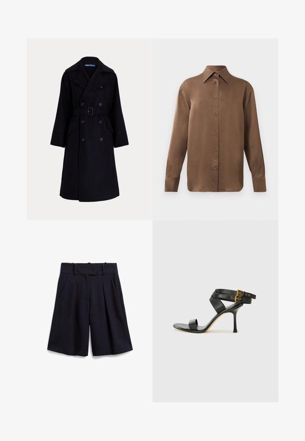 Tmavomodrý vlnený dvojradový trenčkot so širokými klopami, dlhými rukávmi, bočnými vreckami a opaskom v páse.; Hnedá košeľa s dlhým rukávom, so zapínaním na gombíky, s špicatým golierom a manžetami, vystavená na jednoduchom bielom pozadí.; Námornícke modré šortky vyrobené z textúrovaného materiálu, s vysokým pásom, skladanými detailmi a bočnými vreckami pre praktickosť.; Čierne sandále na podpätku s prekríženými popruhmi a nastaviteľnou prackou. Majú hladkú textúru a zúžený stiletto podpätok.