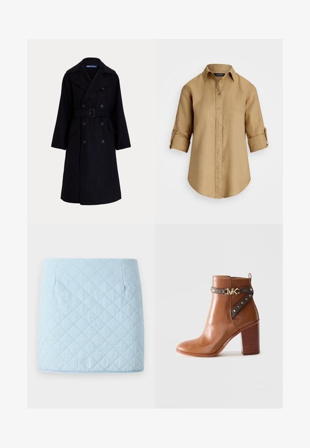 Trench-coat double boutonnage en laine bleu marine foncé avec larges revers, manches longues, poches latérales et une ceinture à la taille.; Chemise en lin beige clair avec un devant à boutons, un col et des manches retroussées. Texture lisse avec une coupe décontractée et un design classique.; Jupe matelassée bleu clair avec un motif en diamant, dotée de deux poches latérales et d'un ourlet droit. Fabriquée à partir d'un tissu texturé.; Botte de cheville en cuir marron avec un talon en bloc empilé, sangle latérale ornée de clous dorés et boucle en forme de "MK" dorée.