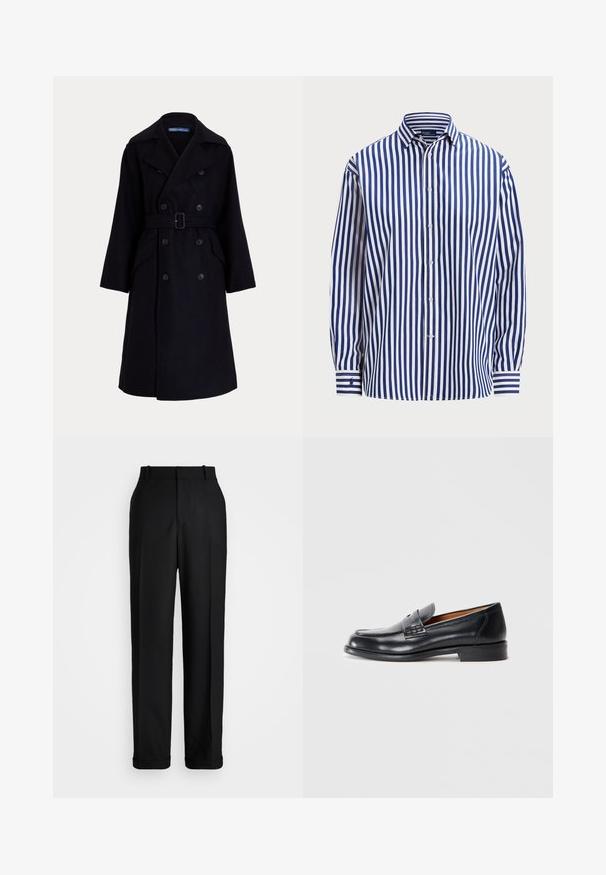 Tume mereva villase topeltkrõpsuga vihmamantel laia krae, pikkade varrukate, küljetaskute ja vööga talje juures.; Polo Ralph Lauren RELAXED FIT STRIPED COTTON SHIRT - Nööpidega pluus - fall royal/white; Polo Ralph Lauren HIGH RISE RELAXED STRAIGHT TROUSER - Püksid - black; Mustad mustad nahast mokassiinid ümarate varvastega, tikandite ja siledaga tekstuuriga. Omab madalat kontsa ja libisemisvõimet.