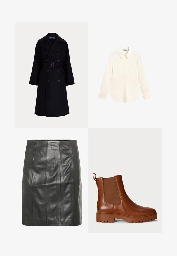 Dark navy wool double-breasted trench coat with wide lapels, long sleeves, side pockets, and a belt at the waist.; Long-sleeve, ivory blouse with a point collar, front button closure, and a slightly curved hem. Made from smooth, lightweight fabric.; Black leather skirt with a fitted silhouette, featuring vertical seams for added texture and a smooth finish.; Brown leather ankle boots with elastic side panels, a pull tab, and a rugged sole design. Smooth texture with a sleek silhouette.