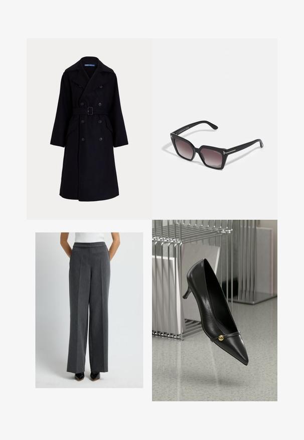 Mørkeblå uld dobbeltbrystet trenchcoat med brede revers, lange ærmer, sidelommer og bælte i taljen.; Langærmet, elfenbensfarvet bluse med spidse krave, frontknaplukning og en let buet kant. Fremstillet af glat, letvægtsstof.; Grå bukser med vid ben i et struktureret stof, der har en flad front, lodrette folder og en skræddersyet pasform, kombineret med sorte sko.; Sort læder høje hæle med spids tå, der har en tynd rem og guldaccent. Skinnende finish, delikat hæl og elegant design.; Store store oversized solbriller med en geometrisk form, gradient linser og guld detaljer på armene. Fremstillet af holdbart plastmateriale.