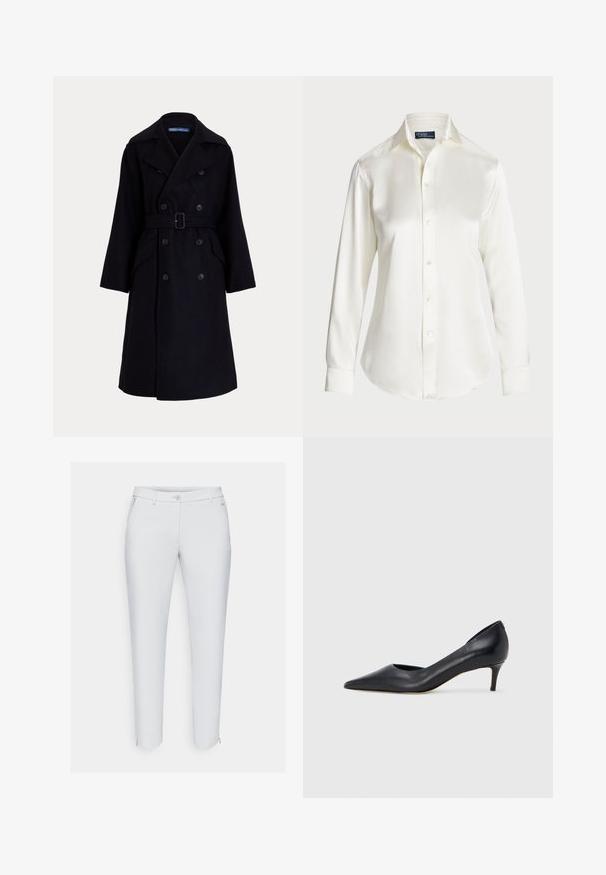 Tmavě námořnický vlněný dvouřadový trenčkot s širokými klopami, dlouhými rukávy, bočními kapsami a páskem v pase.; Bílá košile s dlouhým rukávem a knoflíkovým zapínáním, vyrobená z hladkého materiálu, s klasickým límcem a jemným leskem, s zaobleným spodním lemem a detaily na knoflících.; Bílé kalhoty vyrobené z hladkého materiálu, s zipovým zapínáním, knoflíkovým uzávěrem, bočními kapsami a nenápadnými švy.; Černá kožená lodička s špičatou špičkou a nízkým podpatkem. Má hladkou texturu a jemný lesk. Přední část je otevřená pro zvýraznění detailu.