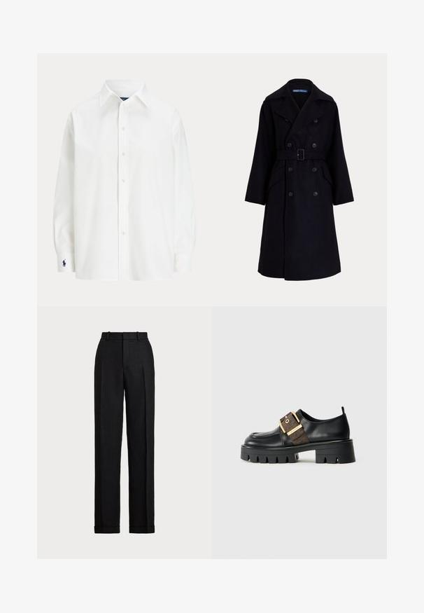 Ciemnoniebieski wełniany podwójnie zapinany trencz z szerokimi klapami, długimi rękawami, bocznymi kieszeniami i paskiem w talii.; Biała koszula z długim rękawem, klasycznym kołnierzykiem i małym niebieskim logo na mankiecie. Gładki materiał bawełniany, dopasowany krój.; Czarne, wysokie spodnie z lnu. Posiadają proste nogawki, wprasowane załamania i mankiety na dole. Brak widocznych kieszeni i zapięć.; Czarna skórzana trasa z masywną podeszwą, z złotą klamrą i teksturowanym brązowym akcentem. Zaokrąglony nos i minimalistyczny design.