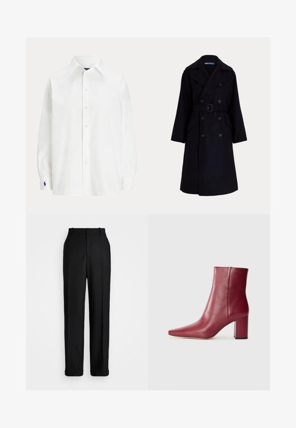 Dark navy wool double-breasted trench coat with wide lapels, long sleeves, side pockets, and a belt at the waist.; White button-up shirt with long sleeves, classic collar, and a small blue logo on the cuff. Smooth cotton fabric, structured fit.; Polo Ralph Lauren HIGH RISE RELAXED STRAIGHT TROUSER - Trousers - black; Burgundy leather ankle boot with a pointed toe, block heel, and smooth texture, featuring a seamless design without visible hardware.