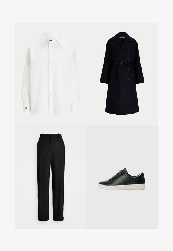 Sötét tengerészkék gyapjú, dupla gombolású trench coat széles hajtókákkal, hosszú ujjakkal, oldalsó zsebekkel és deréknál övvel.; Fehér, hosszú ujjas ing, klasszikus gallérral és egy kis kék logóval a mandzsettán. Simaságot adó pamut anyag, strukturált fazon.; Polo Ralph Lauren HIGH RISE RELAXED STRAIGHT TROUSER - Nadrágok - black; Fekete bőr slip-on cipők kiemelt varrással, ezüst színű fém részletekkel a felső részen, és fehér gumitalppal, amelyen domború logó található.