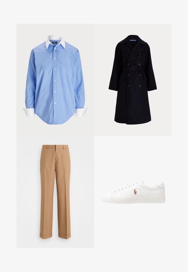 Tmavomodrý vlnený dvojradový trenčkot so širokými klopami, dlhými rukávmi, bočnými vreckami a opaskom v páse.; Svetlomodrá košeľa na gombíky s dlhými rukávmi a bielym kontrastným golierom. Má hladkú textúru a päť predných gombíkov.; Béžové nohavice na mieru so strihom rovného nohavic, vyrobené z mäkkej látky, s predným záhybom a zahnutými koncami.; Biele kožené tenisky s nízkym strihom, s hladkou textúrou, okrúlym špičkou, šnurovaním vpredu a malým vyšitým logom na boku.
