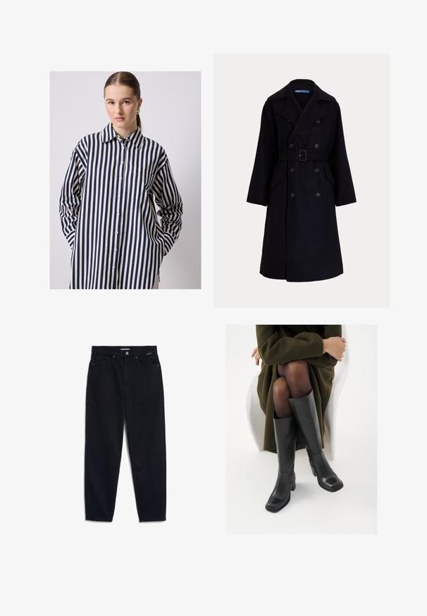 Abrigo de trench de lana de un oscuro color navy, de doble pecho, con solapas anchas, mangas largas, bolsillos laterales y un cinturón en la cintura.; Camisa de botones de manga larga, hecha de una tela ligera, con rayas verticales en tonos azul marino y crema, un dobladillo curvado y un bolsillo en el pecho.; Jeans de mezclilla negra con pierna recta, diseño de cinco bolsillos y cierre de botón. La tela tiene una textura suave y costuras mínimamente visibles.; Botas de cuero negro hasta la rodilla con puntera cuadrada y tacón de bloque, presentadas con un modelo sentado en un abrigo verde oliva. Textura suave, mínimo detalle.