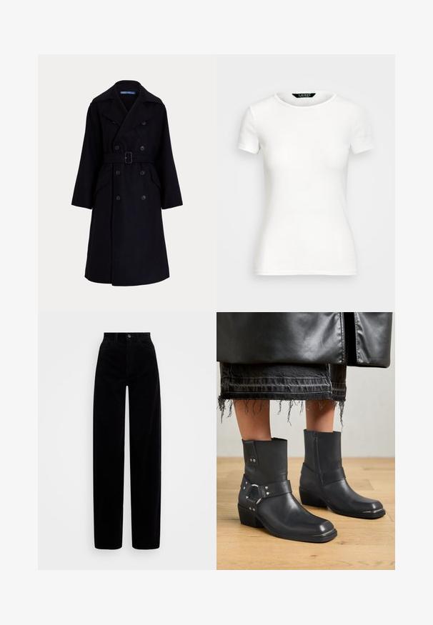Dark navy wool double-breasted trench coat with wide lapels, long sleeves, side pockets, and a belt at the waist.; White cotton T-shirt with short sleeves, round neck, fitted design, and smooth texture. Logo tag at neckline.; Black corduroy pants with a high waist, wide leg design, and a single front button closure. Smooth texture with vertical ribbing.; Black leather ankle boots with a rounded toe, side zipper, and wide strap accented with metal hardware. Wedge heel and textured details on the sole.