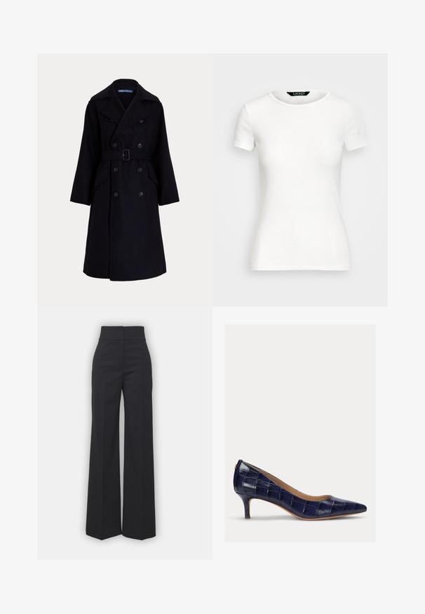 Tmavomodrý vlnený dvojradový trenčkot so širokými klopami, dlhými rukávmi, bočnými vreckami a opaskom v páse.; Biele bavlnené tričko s krátkymi rukávmi, okrúhlym výstrihom, priliehavým strihom a hladkou textúrou. Logo nášivka na výstrihu.; Široké nohavice z čiernej tkaniny s vysokým pásom, s čistým lemovaním a hladkou textúrou. Bez viditeľných kovových prvkov alebo vzorov.; Námorníckomodrá, lakovaná kožená lodička s úzkym špičatým nosom a malým, štíhlym opätkom. Obsahuje prešívanú textúru a žiadne viditeľné kovové prvky.