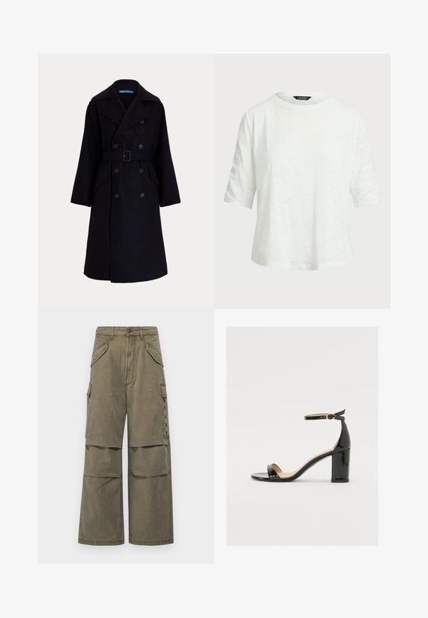 Tume mereva villase topeltkrõpsuga vihmamantel laia krae, pikkade varrukate, küljetaskute ja vööga talje juures.; Valge lühikeste varrukatega T-särk, mis on valmistatud kergest materjalist. Omab ümmargust kaelust ja lõdva lõiget koos peene tekstuuriga mustriga.; Kahvavärvi puuvillased cargo püksid, laia jala stiilis, mitme tasku ja niidiga detailidega. Sobivad igapäevaseks kandmiseks.; Must musta nahk sandaalid laia kanna, avatud varvaste ja ankletihaga, millel on kuldne pandla. Sile tekstuur ja elegantne disain.