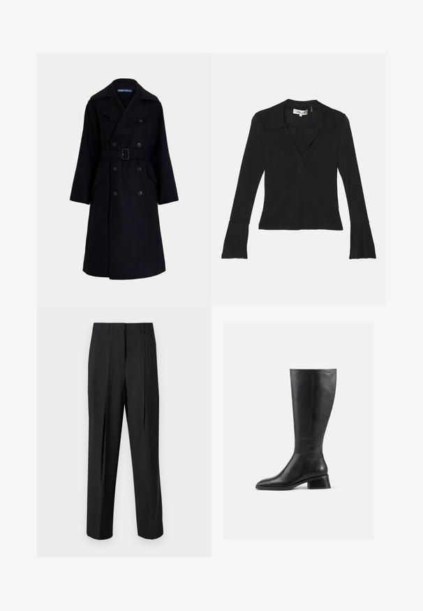 Donkerblauwe wollen double-breasted trenchcoat met brede revers, lange mouwen, zijzakken en een riem in de taille.; Diane von Furstenberg MACKENZIE - Longsleeve - black; Donkergrijze op maat gemaakte broek met een rechte pijp, voorzien van twee voorplooien, riemlussen en een gladde stoftextuur.; Zwarte leren laars tot de knie met een ronde neus en een lage blokhak. Heeft een gladde textuur en minimale stikdetails.