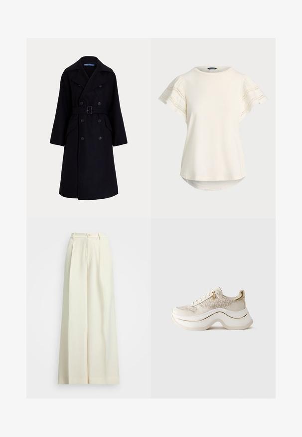 Mörk marinblå ull dubbelknäppt trenchcoat med breda slag, långa ärmar, sidofickor och ett bälte vid midjan.; Ljus krämfärgad topp med korta ärmar och spetsdetaljer på ärmarna, rund halsringning och en något rundad nederkant för en avslappnad passform. Mjuk tygstruktur.; Vida med vida byxorna i off-white tyg, med hög midja, dubbla veck och knappstängning. Slät textur och skräddarsydd design.; Beige och guldplattformssneakers med "MK"-mönster, snörning fram, guldcharm och tjock, vågig sula mot en enfärgad bakgrund.