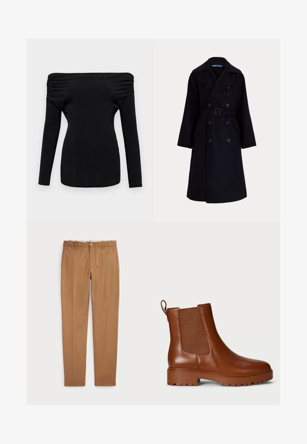 Tummansininen villainen kaksirivinen trench-coat, jossa on leveät kaulukset, pitkät hihat, sivutaskut ja vyö vyötäröllä.; Musta, pitkähihaine paita, jossa on olkapäiltä avattu muotoilu. Ominaisuuksiin kuuluu rypytetty yksityiskohta olkapäillä ja tiukka siluetti. Sujuva pinta.; Ruske puuvillapüksid kitsas lõikega, siledad ees ja tavalised taskud; sile tekstuur ja äärekasutusega varrukad.; Ruske nahke ankle čizme z elastičnimi stranskimi paneli, zanko za vstavljanje in trdnim podplatom. Gladka tekstura z elegantno silhueto.