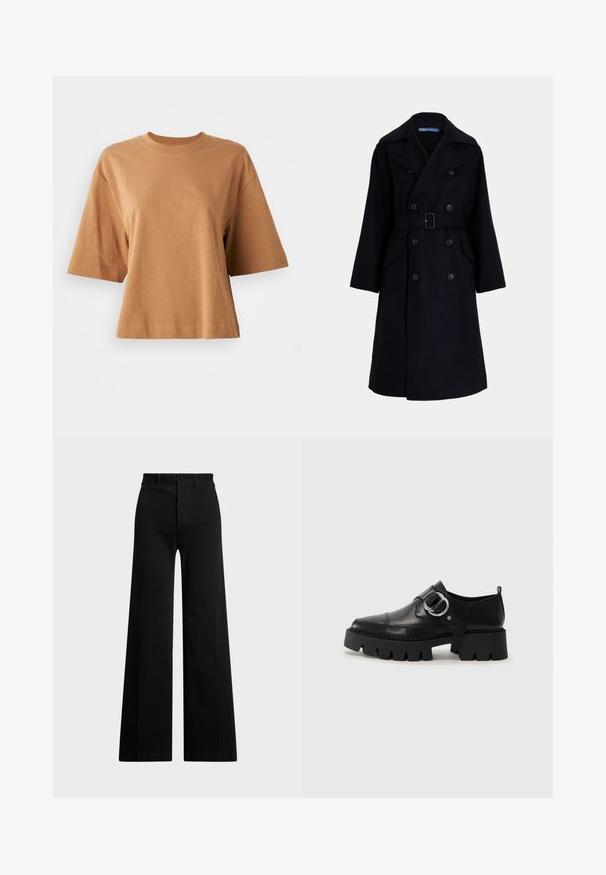Palton dublu din lână galben închis, cu guler larg, mâneci lungi, buzunare laterale și un buncăre la talie.; Tricou cu mânecă scurtă, cu guler rotund, din bumbac de culoare bej deschis. Croială lejeră, cu o textură netedă și detalii de cusătură pe mâneci și tiv.; Pantaloni negri cu picioare largi, confecționați dintr-o țesătură, având talie înaltă, închidere cu buton în față și buzunare laterale. Textură netedă cu linii curate.; Pantofi din piele neagră cu o talpă groasă, nervurată, având un accent circular din metalargintiu și un detaliu minim de cusătură.