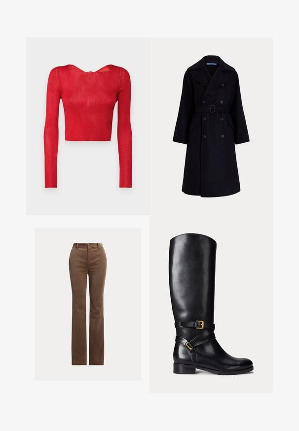 Tmavomodrý vlnený dvojradový trenčkot so širokými klopami, dlhými rukávmi, bočnými vreckami a opaskom v páse.; Červený rebrovaný dlhý rukáv crop top s širokým výstrihom a zipsovým uzáverom na zadnej strane. Hladká textúra a priliehavý strih.; Hnedé kordové nohavice so strihom rovný nohavíc, s pútkami na opasok, prednými vreckami a jemným vertikálnym ryhovaním pre textúru.; Čierne kožené čižmy po kolená s okrúhlou špičkou, nízkym blokovým podpätkom a dvojitými remienkami s akcentom zlatého spony. Hladká textúra.