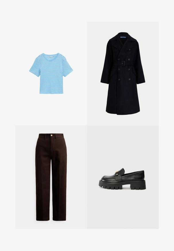 Mörk marinblå ull dubbelknäppt trenchcoat med breda slag, långa ärmar, sidofickor och ett bälte vid midjan.; Ljusblå skjorta med horisontella vita ränder, korta ärmar, rund hals och avslappnad passform. Tillverkad av mjukt bomullsmaterial.; Mörkbruna raka byxor med knapp- och dragkedjestängning, bälteshällor och framfickor mot en vit bakgrund.; Svarta läderloafers med en kraftig sula, som har en guldtonad detalj på framsidan och en slät yta. Kraftig mönstring på sulan.