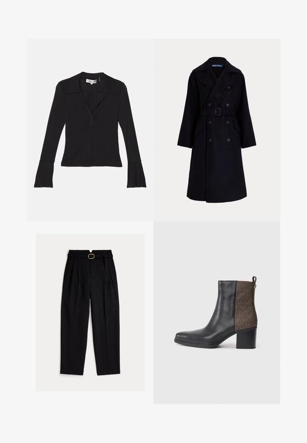 Tumšs jūras zilas vilnas dubultās krūšu mēteli ar plašām atlokām, garām piedurknēm, sānu kabatām un jostu vidukļa daļā.; Diane von Furstenberg MACKENZIE - Tops ar garām piedurknēm - black; Melnas, augsta vidukļa bikses ar jostu, priekšpusē bārkstotas un platām kājām. Izgatavotas no gludas auduma ar klasisku griezumu.; Melna ādas potīšu zābaku ar teksturētu brūnu rakstu sānos, ar kvadrātveida papēdi un cilpu, kas atvieglo uzvilkšanu.