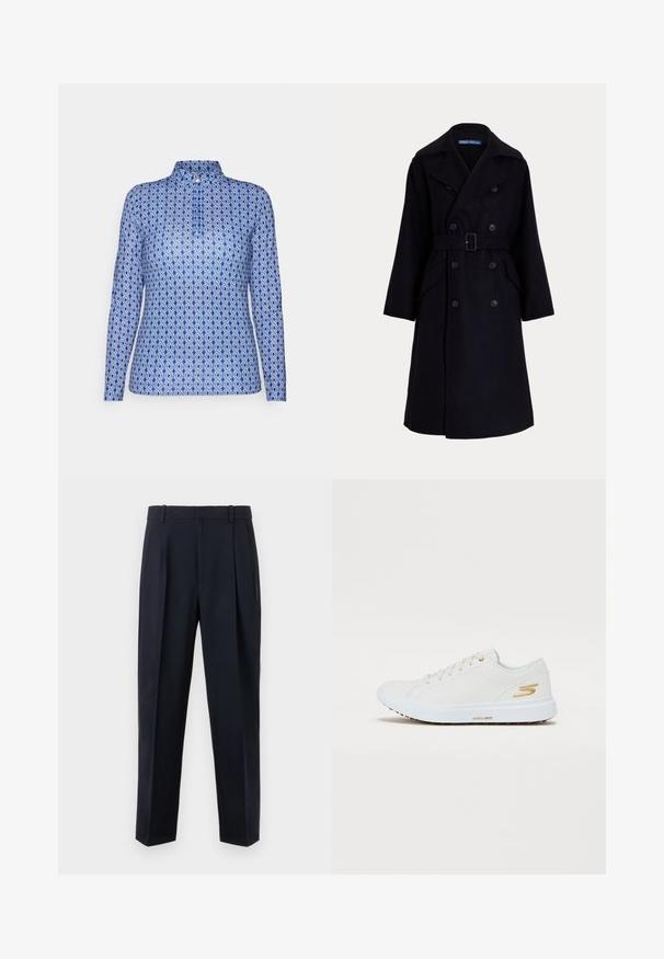 Tumšs jūras zilas vilnas dubultās krūšu mēteli ar plašām atlokām, garām piedurknēm, sānu kabatām un jostu vidukļa daļā.; Garās piedurknes krekls zilos toņos ar ģeometrisku rakstu, mandarina apkakle un priekšējā atloka. Gluda auduma ar pielāgotu griezumu.; Tumši zili piegriezti bikses ar augstu vidukli, priekšā lokotas krokas, sānu kabatas un taisnas kājas griezums. Izgatavotas no gluda, viegla auduma.; Balti kedai ar gludu sintētisko augšdaļu, zeltītām akcents un izturīgu gumijas zoli. Iezīmes apaļš purngals, saišu dizains un mīkstais iekšpuse.