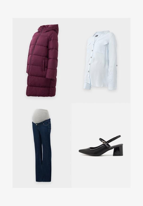 Burgundijas pufēta mētelis ar kapuci, ar priekšējo rāvējslēdzēju un sānu kabatām, izgatavots no quiltota, ūdensizturīga materiāla.; Gaiši zils svītrains krekliņš ar garām piedurknēm, divām krūšu kabatām un piedurknēm, kuras var pacelt un nostiprināt ar pogām. Mīksta, viegla auduma.; Maternitātes džinsi, kas izgatavoti no tumši zilas denima, ar pelēku elastīgu vēderpaneli, taisnu kāju dizainu un priekšējām kabatām ar metāliskiem akcentiem.; Melns patentēts ādas sandales ar norādīta pirksta formu, noapaļotu izgriezuma dizainu un bloķētu papēdi. Iezīmēta ar zelta toņa sprādzi.