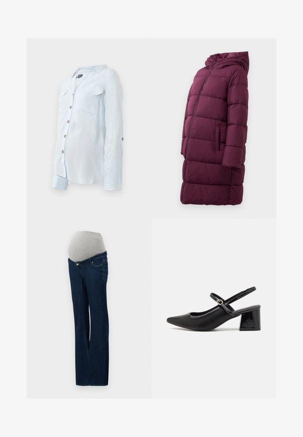 Burgunderfarget puffjakke med hette, med glidelås foran og sidelommer, laget av quiltet, vanntett materiale.; Lyseblå stripete skjorte med lange ermer, to brystlommer og oppbrettbare ermer festet med knapper. Mykt, lett stoff.; Graviditetsjeans laget av mørkeblå denim, med en grå elastisk magepanel, rett bendesign og frontlommer med metalliske detaljer.; Sorte lakk lær slingback hæler med spiss tå, et avrundet utskjæringsdesign og blokkheel. Har en gulltone spenne som detalj.