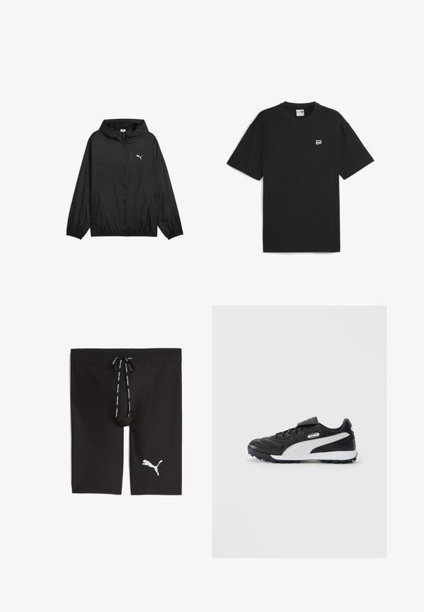 Čierna vetrovka s kapucňou, elastickými manžetami a bočnými vreckami. Má biele logo Puma na hrudi. Hladký, ľahký materiál.; Čierne tričko s krátkym rukávom vyrobené z bavlny, s okrúhlym výstrihom a malým bielym logom na hrudi. Jednoduchý, voľný strih.; Čierne športové šortky vyrobené z hladkej tkaniny s sieťovaným pásom. Obsahujú šnúrku na sťahovanie a biele logo Puma na ľavej strane.; Čierne nízke futbalové topánky s bielym bočným pruhom, textúrovanou podrážkou, šnurovaním vpredu a suchým zipsom cez šnúrky na jednoduchom pozadí.