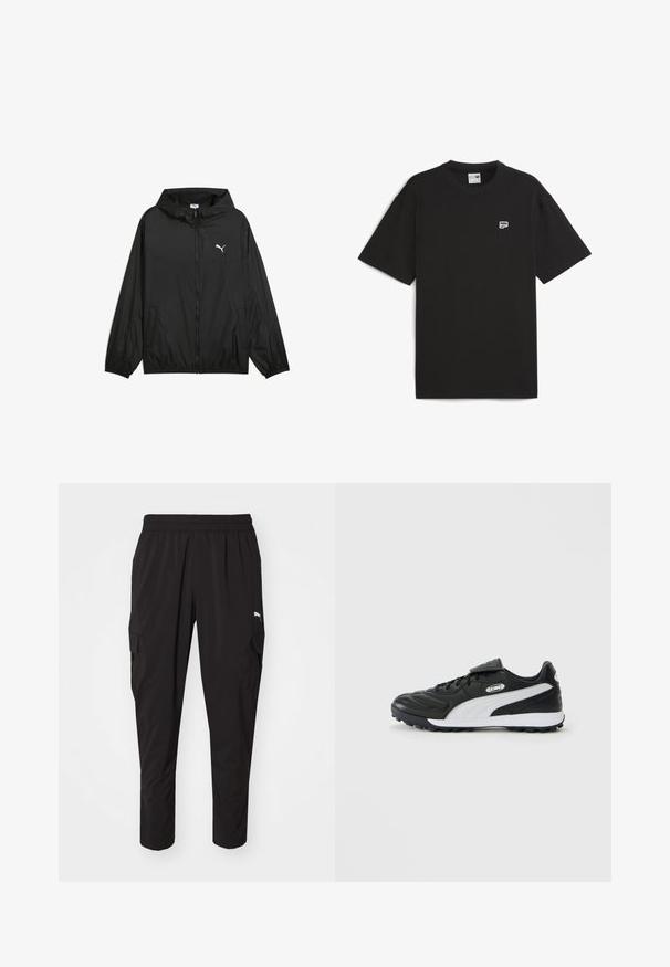 Zwarte windbreaker jas met een capuchon, elastische manchetten en zijzakken. Kenmerkt zich door een wit Puma-logo op de borst. Gladde, lichtgewicht stof.; Zwart T-shirt met korte mouwen van katoen, met een ronde hals en een klein wit logo op de borst. Eenvoudige, ontspannen pasvorm.; Zwarte cargobroek met een elastische tailleband, voorzien van zijzakken en gemaakt van een slanke, lichte stof. Geschikt voor casual of actieve kleding.; Zwarte lage voetbalschoen met witte zijkantstreep, gestructureerde zool, vetersluiting aan de voorkant en klittenbandsluiting over de veters op een effen achtergrond.