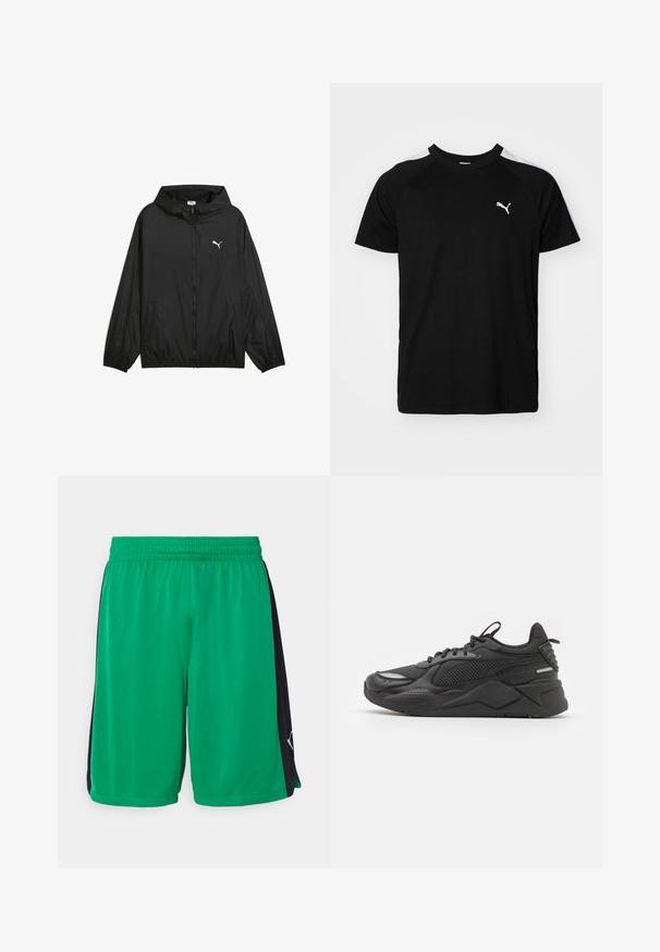 Mustat tuulenpitävät takit, joissa on huppu, joustavat hihansuut ja sivutaskut. Rinnassa valkoinen Puma-logo. Sileä, kevyt materiaali.; Musta lyhythihainen t-paita, jossa on valkoiset korostusraidat hartioilla, pyöreä pääntie ja pieni valkoinen logo vasemmassa rinnassa. Pehmeä kangas, klassinen malli.; Vihreät urheilushortsit, joissa on musta sivupaneeli, joustava vyötärö ja hengittävä pinta. Alhaalla oikealla sivulla on hienovarainen logo.; Musta lenkkari, jossa on teksturoitu päällinen, mesh- ja synteettisiä materiaaleja, paksu pohja ja heijastavat yksityiskohdat näkyvyyden parantamiseksi.