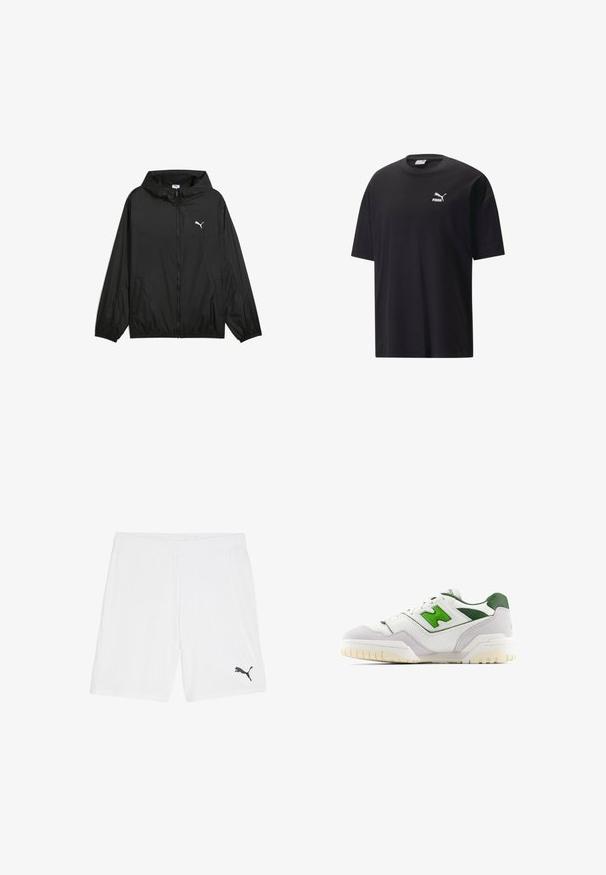 Zwarte windbreaker jas met een capuchon, elastische manchetten en zijzakken. Kenmerkt zich door een wit Puma-logo op de borst. Gladde, lichtgewicht stof.; Zwarte katoenen T-shirt met korte mouwen, ronde hals en een wit Puma-logo op de borst. Eenvoudig en ongecompliceerd ontwerp.; Witte sportshorts van lichte stof, met een elastische tailleband en een klein zwart logo aan de onderkant aan de linkerkant.; Witte sneaker met groene accenten, gemaakt van leer en suède. Heeft een gestructureerde bovenkant, een gevoerde kraag en een rubberen zool met zichtbare loopnoppen.