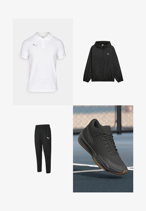 Melnā vēja pārvalka jaka ar kapuci, elastīgām piedurknēm un sānu kabatām. Uzbūvēts ar baltu Puma logotipu uz krūtīm. Gluda, viegla materiāla izvēle.; Balts polo krekls, kas izgatavots no viegla auduma, ar klasisku apkakli un īsām piedurknēm. Kreisajā krūšu pusē ir pelēks Puma logotips.; Melni sporta bikses, kas izgatavotas no gludas auduma, ar aukliņu jostu, sašaurinātām kājām un mazu baltu Puma logotipu kreisajā pusē.; Melna sporta apava ar gludu sintētisku virsu, teksturētām akcentiem un gumijas zoli, kas izstrādāta veiktspējai un komfortam.