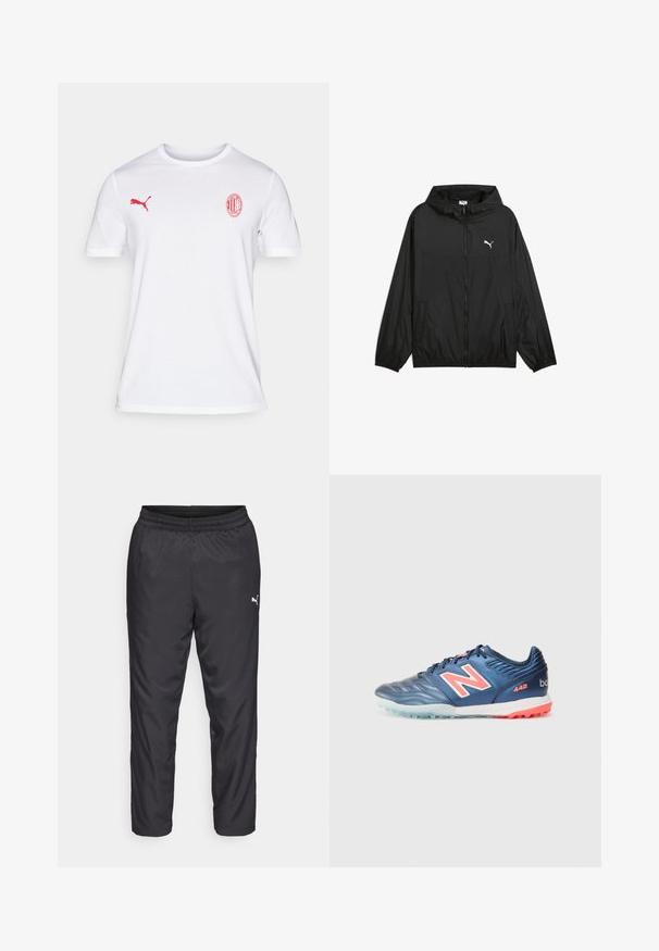 Giacca a vento nera con cappuccio, polsini elasticizzati e tasche laterali. Presenta un logo Puma bianco sul petto. Materiale morbido e leggero.; Puma AC MILAN ESSENTIAL - T-shirt con stampa - white/for all time red; Pantaloni sportivi neri realizzati in materiale liscio e leggero. Presentano un elastico in vita e un piccolo logo bianco sul lato sinistro.; Scarpa da calcio sintetica blu con finitura testurizzata, caratterizzata da un grande logo "N" bianco e rosa, suola in gomma e accenti azzurri chiari.