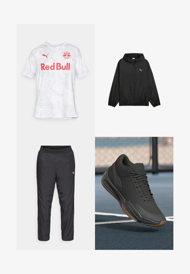 Svart vindjacka med huva, elastiska cuffs och sidofickor. Har en vit Puma-logotyp på bröstet. Slät och lätt material.; Vitt fotbollströja med kort ärm och en texturerad, marmorliknande mönstring; har "Red Bull" i fet röd text och en Puma-logo.; Svart sportbyxor i slätt, lätt material. Har resår i midjan och en liten vit logotyp på vänster sida.; Svart sportskor med en slät syntetisk ovandel, strukturerade detaljer och en sula i gummigummi, designad för prestanda och komfort.