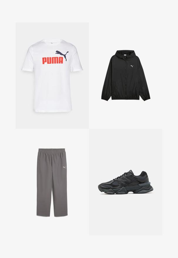 Sort vindjakke med hætte, elastiske manchetter og sidelommer. Har et hvidt Puma-logo på brystet. Glat, letvægtsmateriale.; Hvid bomulds t-shirt med et stort rødt "PUMA" logo og en sort springende puma grafik på venstre brystområde. Rund halsdesign.; Grå atletiske bukser med elastisk talje, lavet af letvægtigt stof. Har et lille hvidt logo på venstre ben.; Sorte løbesko med en blanding af mesh og syntetiske materialer, kraftig sål, buet design og fremtrædende branding på siden.