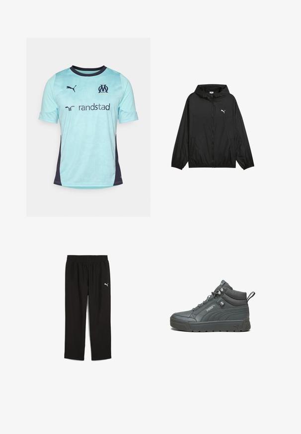 Juodas vėjo nepraeinantis džemperis su kapišonu, elastinėmis rankovėmis ir šoninėmis kišenėmis. Ant krūtinės yra baltas Puma logotipas. Lygus, lengvas audinys.; Šviesiai mėlyna trumpomis rankovėmis futbolo marškinėliai su tamsiai mėlynomis detalėmis, turintys tekstūruotą raštą, apvalią iškirptę ir logotipus ant krūtinės bei rankovių.; Juodos sportinės kelnės su elastinga juostele, pagamintos iš lengvos medžiagos. Kairėje pusėje yra mažas baltas Puma logotipas.; Aukšti sportbačiai iš pilkos odos su tekstūruotu paviršiumi, paminkštintu apykakle ir guminėmis padangomis. Savybė - logotipas ir siuvinėjimai šonuose.