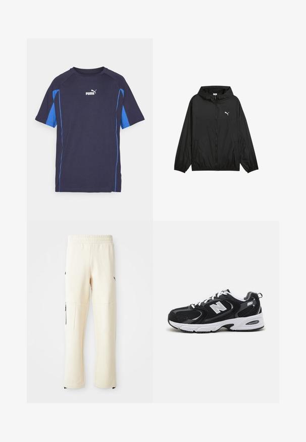 Juodas vėjo nepraeinantis džemperis su kapišonu, elastinėmis rankovėmis ir šoninėmis kišenėmis. Ant krūtinės yra baltas Puma logotipas. Lygus, lengvas audinys.; T-marškiniai trumpomis rankovėmis tamsiai mėlynos spalvos su mėlynomis šoninėmis detalėmis. Pagaminti iš švelnios medžiagos, turi apvalią kaklo iškirpę ir baltą Puma logotipą ant krūtinės.; Šviesiai smėliniai sportiniai kelnių pagaminti iš minkštos medžiagos. Yra juodas logotipas, šoniniai kišenės su užtrauktukais ir laisvas siluetas.; Juodi ir pilki sportiniai batai su tinklu ir zomšos viršutine dalimi, su balta vidurio pade, raišteliais ir ryškiu "N" logotipu šone.