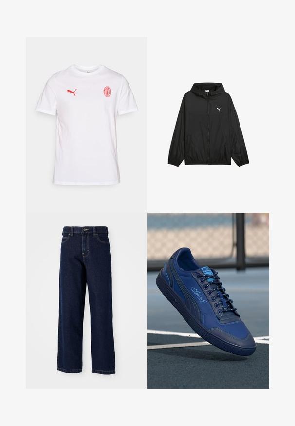 Black windbreaker jacket with a hood, elastic cuffs, and side pockets. Features a white Puma logo on the chest. Smooth, lightweight material.; White cotton t-shirt featuring a red Puma logo on the left chest and a red AC Milan emblem, with short sleeves and a crew neck design.; Dark blue wide-leg jeans made of denim with a straight cut, five-pocket design, and finishing stitches along the hem.; Blue athletic shoe with textured surface, smooth leather accents, and contrasting stitching. Features a padded collar and lace-up design.