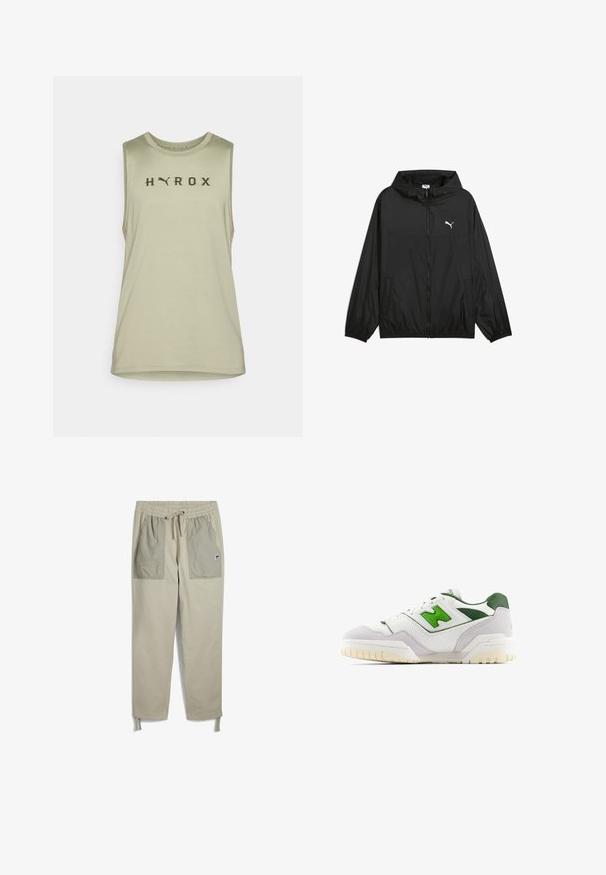 Black windbreaker jacket with a hood, elastic cuffs, and side pockets. Features a white Puma logo on the chest. Smooth, lightweight material.; Light olive green sleeveless athletic top made of smooth fabric featuring "HYROX" in dark lettering and a round neck design.; Beige pants with an elastic waistband, drawstring, two large front pockets in a lighter shade, and adjustable ankle straps.; White sneaker with green accents, made of leather and suede. Features a textured upper, padded collar, and a rubber sole with visible tread.