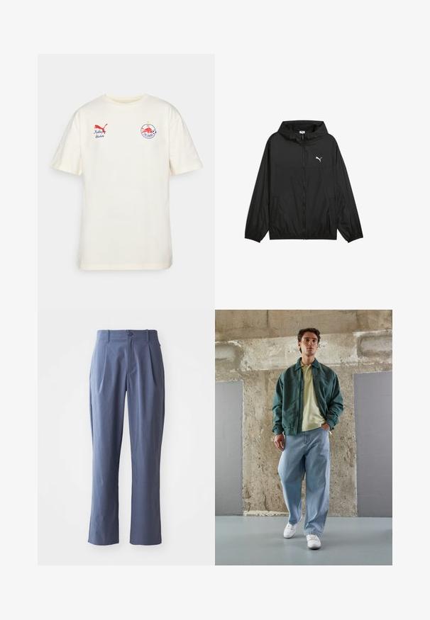 Sort vindjakke med hætte, elastiske manchetter og sidelommer. Har et hvidt Puma-logo på brystet. Glat, letvægtsmateriale.; Cremefarvet bomulds t-shirt med korte ærmer. Har rødt Puma-logo og broderet FC Salzburg-crest på fronten. Rund halsudskæring.; Mørkeblå bukser med læg, lige snit, lavet af letvægtsstof, med en enkelt frontknaplukning og bæltestropper.; Grøn bomberjakke over en lys gul polo, parret med løse blå jeans og hvide sneakers. Glatte stoffer, afslappet pasform, minimal hardware.