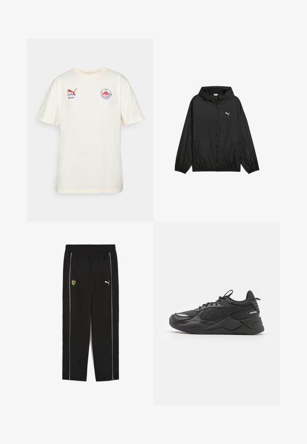 Juodas vėjo nepraeinantis džemperis su kapišonu, elastinėmis rankovėmis ir šoninėmis kišenėmis. Ant krūtinės yra baltas Puma logotipas. Lygus, lengvas audinys.; Kremo spalvos medvilninė trumpa rankovė marškinėliai. Priekinėje pusėje yra raudona Puma logotipas ir siuvinėti FC Salzburg herbas. Apvalus kaklas.; Juodos sportinės kelnės su elastinga juosmena, su geltona Ferrari logotipu ir baltomis šoninėmis juostomis. Pagamintos iš lengvos medžiagos.; Juodi sportiniai bateliai su tekstūruotu paviršiumi, pagaminti iš tinklo ir sintetinės medžiagos, storesne padanga ir atspindinčiais akcentais matomumui.