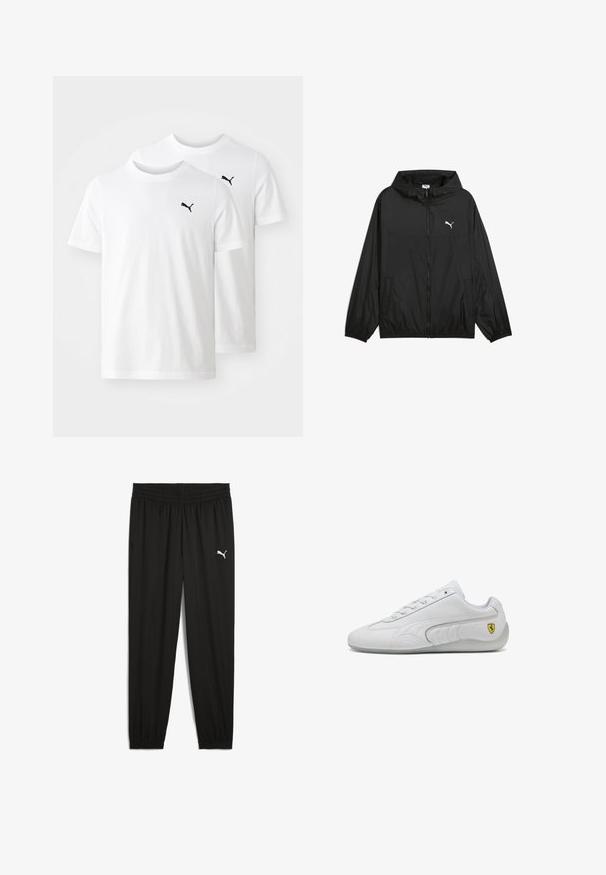 Černá větrovka s kapucí, elastickými manžetami a bočními kapsami. Na hrudi je bílý logo Puma. Hladký, lehký materiál.; Bílé bavlněné trička s kulatým výstřihem a krátkými rukávy, s malým černým logem Puma na levé části hrudi. Zobrazeny dvě trička.; Černé sportovní kalhoty vyrobené z lehkého materiálu, s elastickým pasem, tapered nohavicemi a bílým logem Puma na levém stehně.; Bílé sportovní tenisky s hladkým koženým svrškem, šněrovací konstrukcí a texturovanými bočními panely. Obsahují malé žluté logo Ferrari.