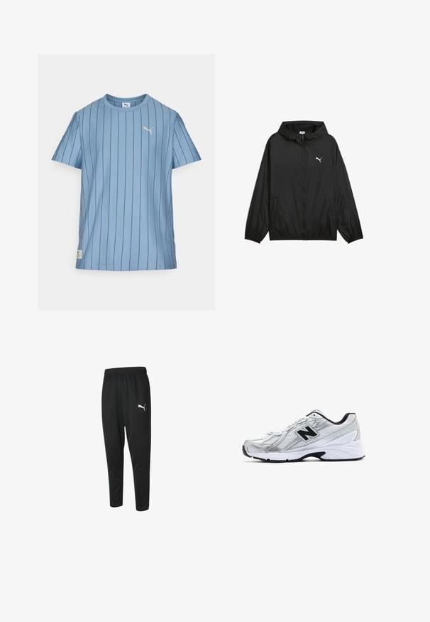 Sort vindjakke med hætte, elastiske manchetter og sidelommer. Har et hvidt Puma-logo på brystet. Glat, letvægtsmateriale.; Lyseblå kortærmet t-shirt med lodrette sorte striber, rund halsudskæring og lille guld logo på venstre bryst. Blødt stof.; Sorte træningsbukser lavet af glat stof, med snøre i taljen, tapered ben og et lille hvidt Puma-log på venstre side.; Sølv atletisk sko med mesh-materiale, sorte accenter, perforeret design og en polstret hvid sål. Har et fremtrædende 'N' logo.