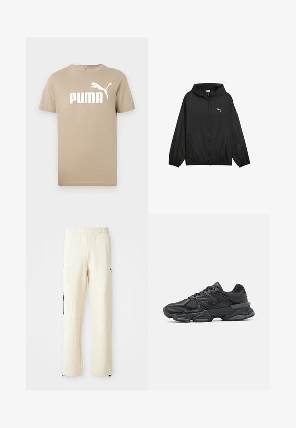 Zwarte windbreaker jas met een capuchon, elastische manchetten en zijzakken. Kenmerkt zich door een wit Puma-logo op de borst. Gladde, lichtgewicht stof.; Beige katoenen t-shirt met een ronde hals, korte mouwen en een groot wit "PUMA" logo en silhouet op de voorkant. Gladde textuur.; Lichtbeige joggingbroek gemaakt van zachte stof. Bevat een zwart logo, zijzakken met ritsen en een relaxte pasvorm.; Zwarte hardloopschoen met een mix van mesh en synthetische materialen, een stevige zool, gebogen ontwerp en prominente branding op de zijkant.