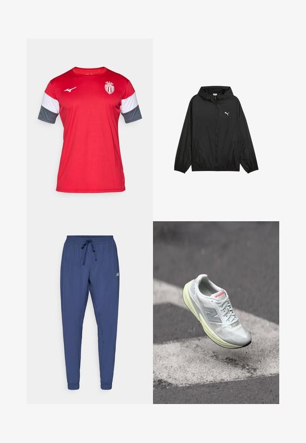 Zwarte windbreaker jas met een capuchon, elastische manchetten en zijzakken. Kenmerkt zich door een wit Puma-logo op de borst. Gladde, lichtgewicht stof.; Rode sportieve jersey met korte mouwen, voorzien van grijze en witte accenten. Gemaakt van lichtgewicht stof, met een logo op de borst en een ronde hals.; Marineblauwe sportbroek met een elastische tailleband, trekkoord en taps toelopende boorden. Bevat zijzakken en een klein logo op één been.; Lichte hardloopschoen met een witte mesh bovenkant, gele tussenzool en grijze accenten. Kenmerkt zich door een opvallend 'N' logo en een textuur oppervlak.