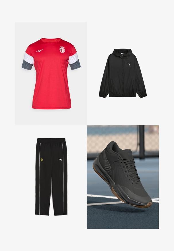 Zwarte windbreaker jas met een capuchon, elastische manchetten en zijzakken. Kenmerkt zich door een wit Puma-logo op de borst. Gladde, lichtgewicht stof.; Rode sportieve jersey met korte mouwen, voorzien van grijze en witte accenten. Gemaakt van lichtgewicht stof, met een logo op de borst en een ronde hals.; Zwarte sportbroeken met een elastische tailleband, met een geel Ferrari-logo en witte zijkanten. Gemaakt van lichtgewicht stof.; Zwarte sportieve schoen met een glad synthetisch bovenwerk, gestructureerde accenten en een gumrubberen zool, ontworpen voor prestaties en comfort.