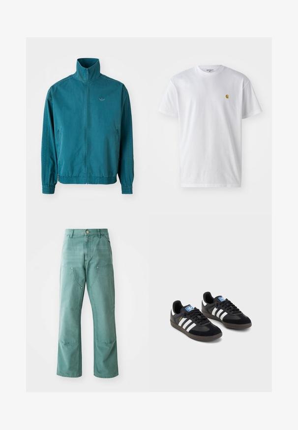 Chaqueta verde azulado con un alto cuello, cierre frontal con cremallera, puños elásticos y un pequeño logo en el pecho. Tela texturizada con bolsillos laterales.; Camiseta de algodón blanca con mangas cortas, cuello redondo, que presenta un pequeño logo dorado en la parte izquierda del pecho. Textura suave y corte regular.; Pantalones de pierna ancha en color azul verdoso, fabricados en tela de mezclilla. Presentan bolsillos delanteros con aberturas en ángulo y acentos de broche de metal.; Zapatillas negras con un upper de ante y sintético, con tres rayas blancas, suela de goma texturizada y etiqueta de logo azul en la lengüeta.