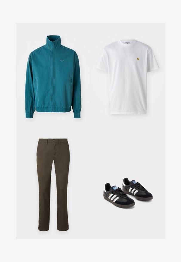 Teal jas met een hoge kraag, sluiting met ritssluiting aan de voorkant, elastische manchetten en een klein logo op de borst. Gestructureerde stof met zijzakken.; Witte katoenen t-shirt met korte mouwen en ronde hals, voorzien van een klein gouden logo op de linkerkant van de borst. Zachte textuur en een normale pasvorm.; Donkerbruine broek van een katoenmix. Heeft een knoopsluiting, rechte pijpen en een subtiele textuur zonder zichtbare patronen of versieringen.; Zwarte sneakers met een bovenwerk van suède en synthetisch materiaal, voorzien van drie witte strepen, een gestructureerde rubberen zool en een blauw logo-label op de tong.
