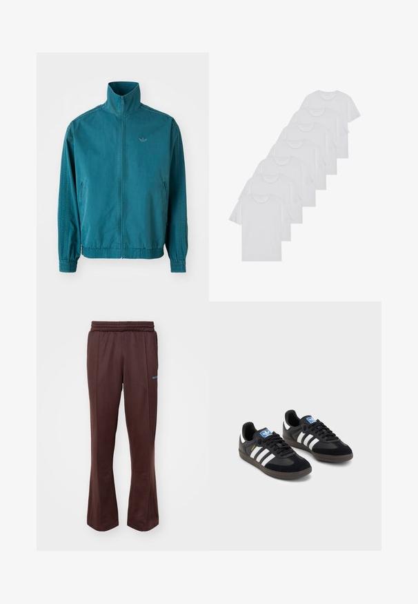 Tīrā zilganas krāsas vieglais mētelis ar augstu apkakli, ar rāvējslēdzēju priekšpusē, divām sānu kabatām, elastīgām manšettēm un trim vertikālām svītrām gar piedurknēm.; Baltie kokvilnas T-krekli, īsas piedurknes, apaļas izgriezuma dizains, vienkārša tekstūra, sakrauti rindā, ar smalku zīmolu pie kakla izgriezuma.; Brūnas sporta bikses ar izplūdušu dizainu, izgatavotas no mīksta auduma, ar elastīgu jostasvietu un gaismas zilo logotipa akcentu sānos.; Melnas sporta apavas ar zamšādas un sintētisku augšdaļu, ar trim baltām svītrām, teksturētu gumijas zoli un zilu logo birku uz mēles.