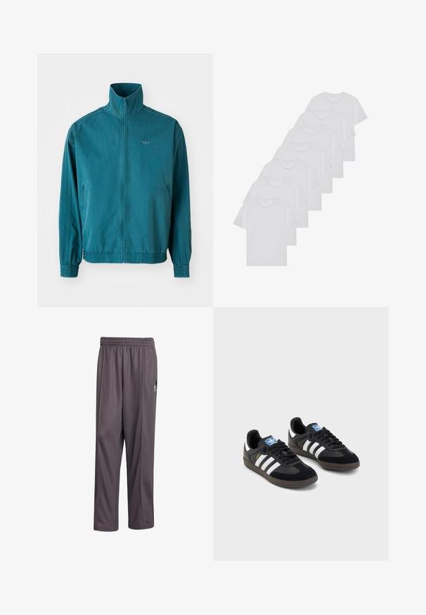 Casaco leve em teal com colarinho alto, fecho em zip, dois bolsos laterais, punhos elásticos e três riscas verticais nas mangas.; T-shirts brancos de algodão, mangas curtas, design de gola redonda, com textura lisa, empilhados em fila, com uma marcação subtil na gola.; Calças de desporto cinzentas feitas de um tecido leve. Apresentam um cós elástico e um corte reto. Incluem um pequeno logótipo na lateral.; Sneakers pretos com parte superior em camurça e sintético, apresentando três riscas brancas, sola de borracha texturizada e etiqueta azul no linguete.