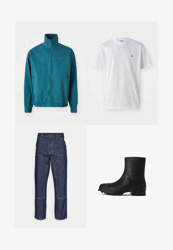 Veste légère teal avec un col montant, fermeture éclair à l'avant, deux poches latérales, poignets élastiques et trois rayures verticales le long des manches.; T-shirt en coton blanc à manches courtes, col rond, avec un petit logo doré sur la poitrine gauche. Texture douce et coupe régulière.; Jeans en denim bleu foncé avec une taille haute, une coupe droite, des coutures contrastantes et des poches appliquées à l'avant.; CAMPERLAB TRAKTORI - Bottines - schwarz